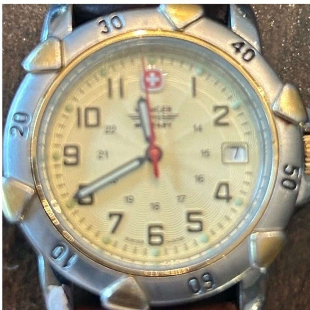 Vintage 90s Wenger Swiss Military Watch 38mm Two-Tone Field Date Outdoor Rugged